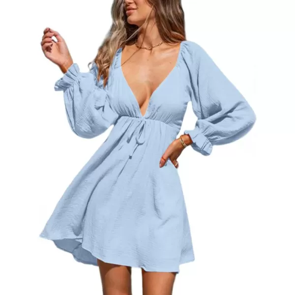 LYANER Women's Deep V Neck Elastic Waist Puff Long Sleeve Swing Flowy Mini Beach Dress