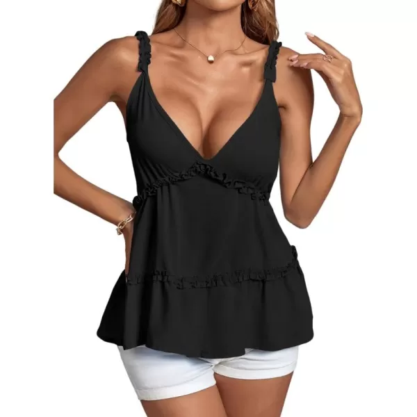 LYANER Women's Deep V Neck Flared Ruffle Hem Sleeveless Babydoll Cami Top