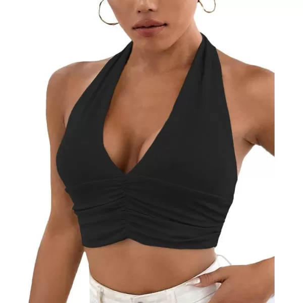 LYANER Women's Deep V Neck Halter Crop Top Tie Back Sleeveless Backless Cami
