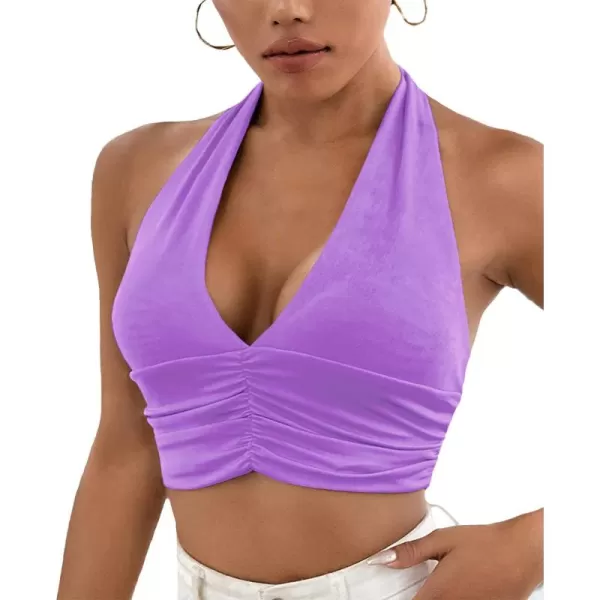 LYANER Women's Deep V Neck Halter Crop Top Tie Back Sleeveless Backless Cami