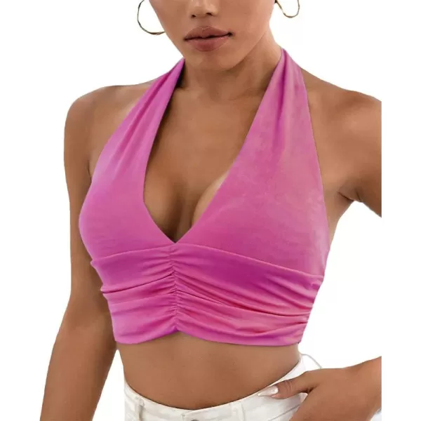 LYANER Women's Deep V Neck Halter Crop Top Tie Back Sleeveless Backless Cami