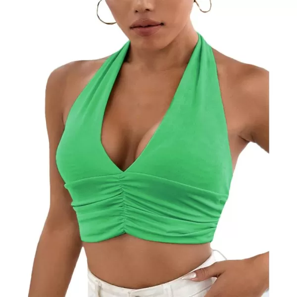 LYANER Women's Deep V Neck Halter Crop Top Tie Back Sleeveless Backless Cami