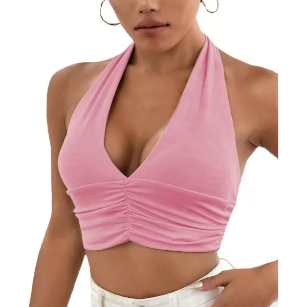 LYANER Women's Deep V Neck Halter Crop Top Tie Back Sleeveless Backless Cami