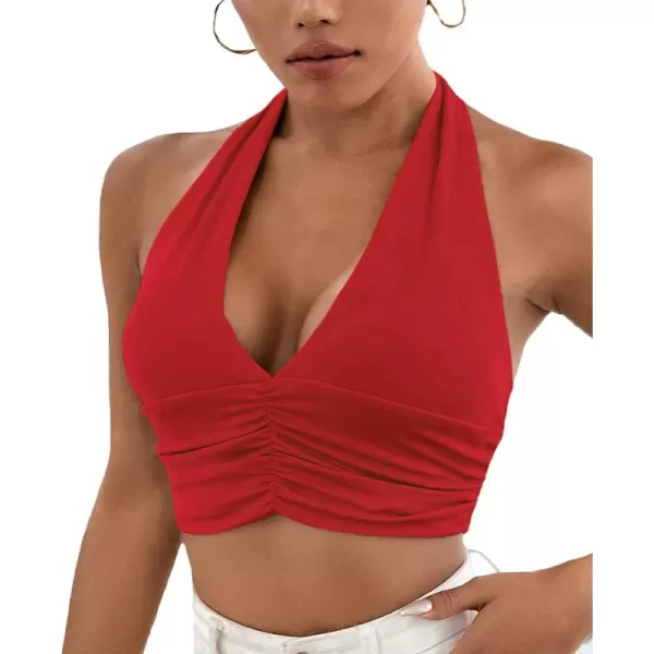 LYANER Women's Deep V Neck Halter Crop Top Tie Back Sleeveless Backless Cami