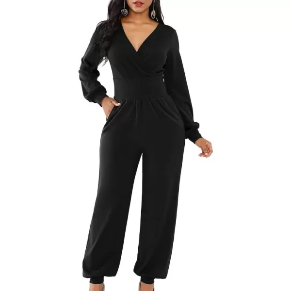 LYANER Women's Deep V Neck Long Sleeve Wrap Front Jumpsuit Pant Cocktail Party Romper