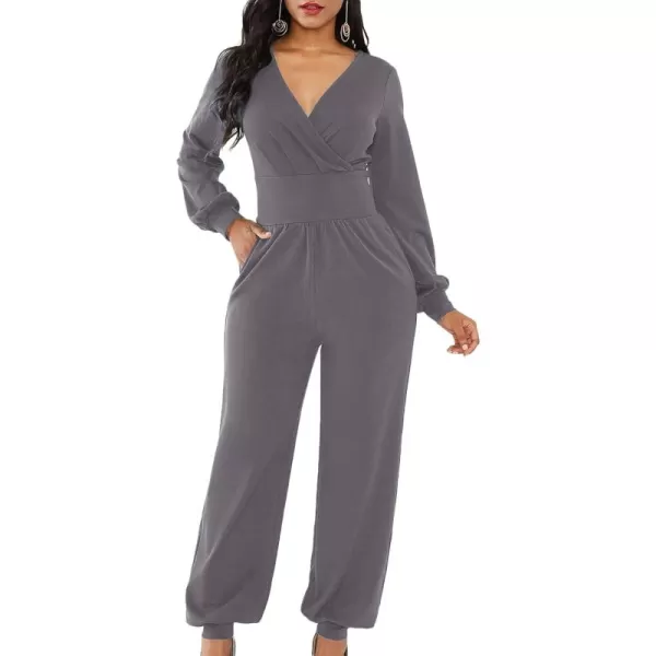 LYANER Women's Deep V Neck Long Sleeve Wrap Front Jumpsuit Pant Cocktail Party Romper
