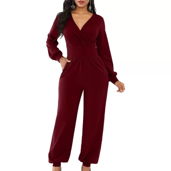 LYANER Women's Deep V Neck Long Sleeve Wrap Front Jumpsuit Pant Cocktail Party Romper
