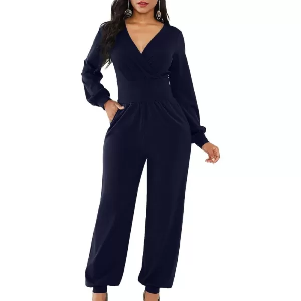LYANER Women's Deep V Neck Long Sleeve Wrap Front Jumpsuit Pant Cocktail Party Romper