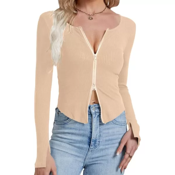 LYANER Women's Deep V Neck Rib Knit Zipper Front Split Slit Long Sleeve Top Tee Shirt