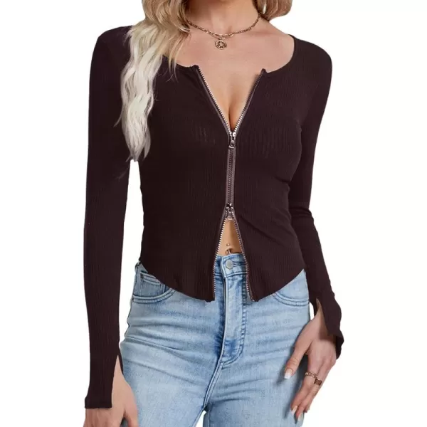 LYANER Women's Deep V Neck Rib Knit Zipper Front Split Slit Long Sleeve Top Tee Shirt