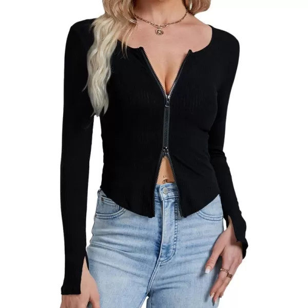 LYANER Women's Deep V Neck Rib Knit Zipper Front Split Slit Long Sleeve Top Tee Shirt