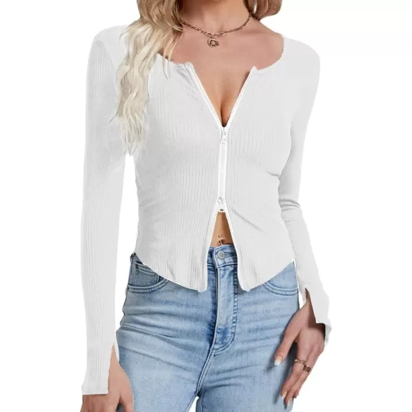 LYANER Women's Deep V Neck Rib Knit Zipper Front Split Slit Long Sleeve Top Tee Shirt