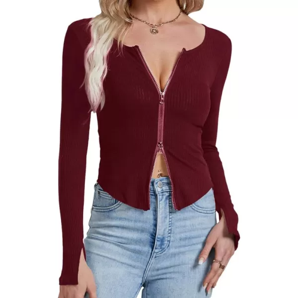 LYANER Women's Deep V Neck Rib Knit Zipper Front Split Slit Long Sleeve Top Tee Shirt