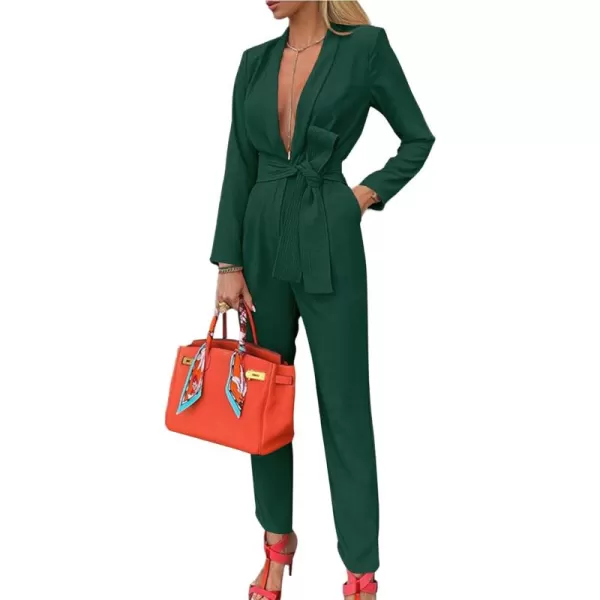 LYANER Women's Deep V Neck Shawl Collar Long Sleeve Pant with Pockets Waist Tie Romper Blazer Jumpsuit
