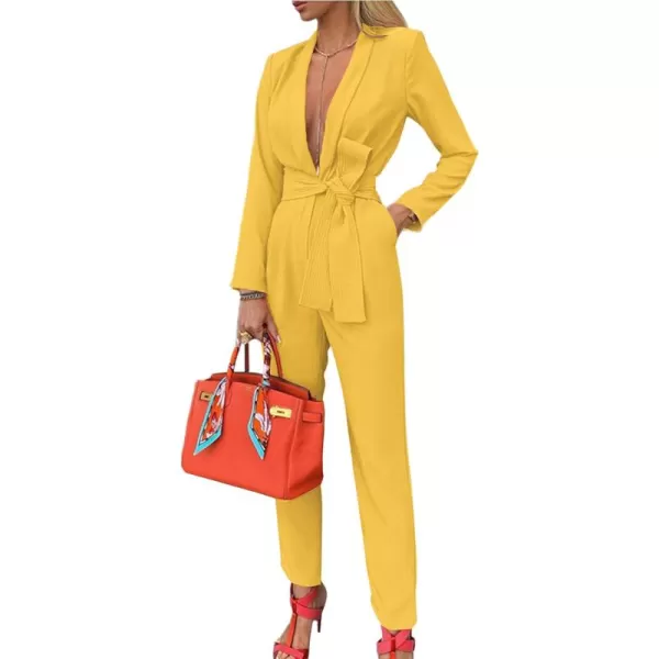 LYANER Women's Deep V Neck Shawl Collar Long Sleeve Pant with Pockets Waist Tie Romper Blazer Jumpsuit