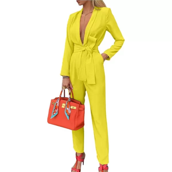 LYANER Women's Deep V Neck Shawl Collar Long Sleeve Pant with Pockets Waist Tie Romper Blazer Jumpsuit