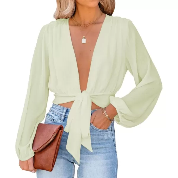 LYANER Women's Deep V Neck Tie Front Knot Long Sleeve Sexy Wrap Crop Top Blouse