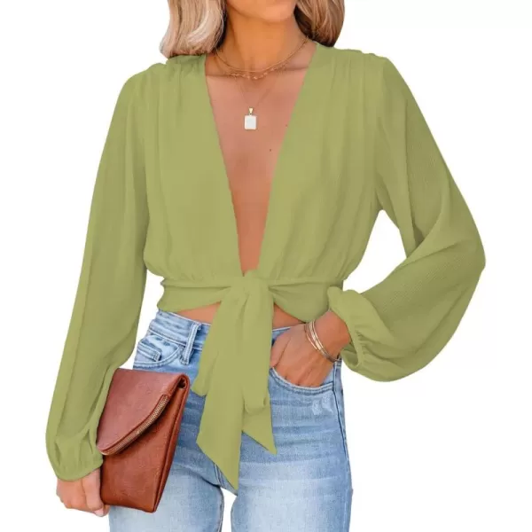 LYANER Women's Deep V Neck Tie Front Knot Long Sleeve Sexy Wrap Crop Top Blouse