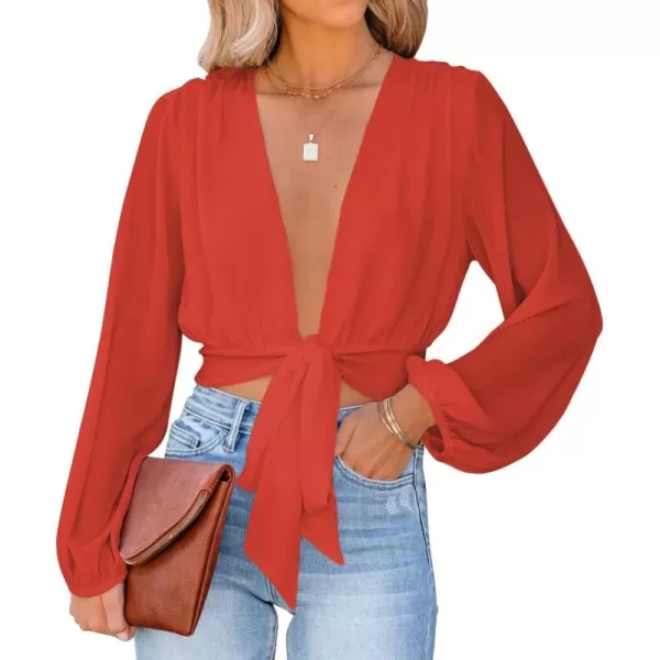 LYANER Women's Deep V Neck Tie Front Knot Long Sleeve Sexy Wrap Crop Top Blouse