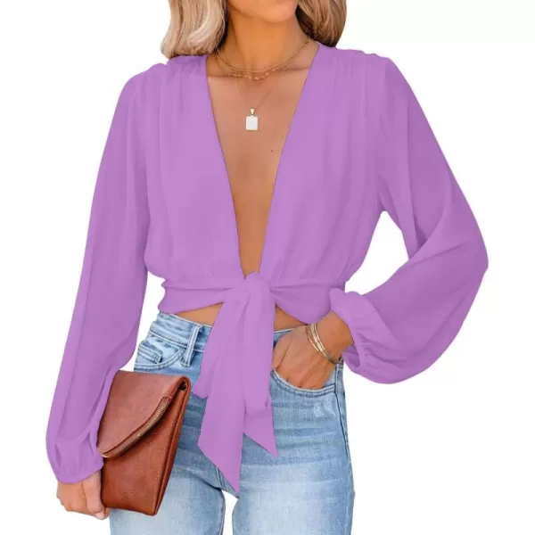 LYANER Women's Deep V Neck Tie Front Knot Long Sleeve Sexy Wrap Crop Top Blouse