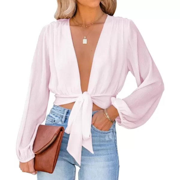 LYANER Women's Deep V Neck Tie Front Knot Long Sleeve Sexy Wrap Crop Top Blouse