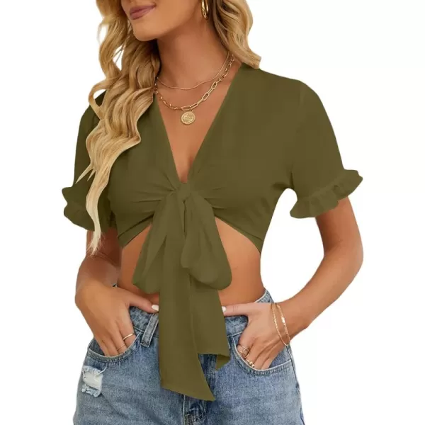 LYANER Women's Deep V Neck Tie Front Knot Ruffle Short Sleeve Crop Top Club Blouse
