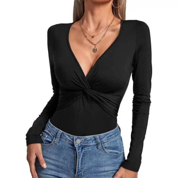 LYANER Women's Deep V Neck Twist Front Long Sleeve Tiny Leotard Bodysuit Tops