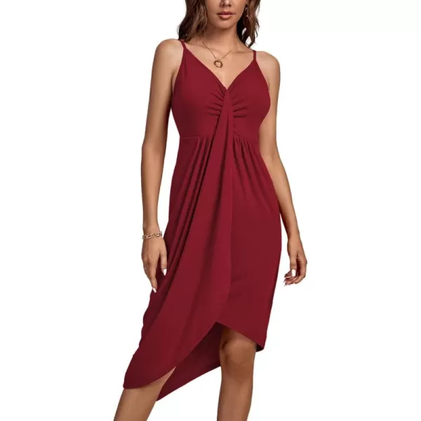 LYANER Women's Drape V Neck Ruched Spaghetti Strap Wrap Slit Front Sleeveless Party Midi Dress