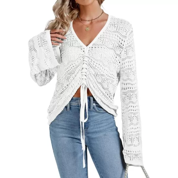 LYANER Women's Drawstring Long Bell Sleeve Sexy Crochet Knit Beach Hollow Out Crop Shirt Blouse Top