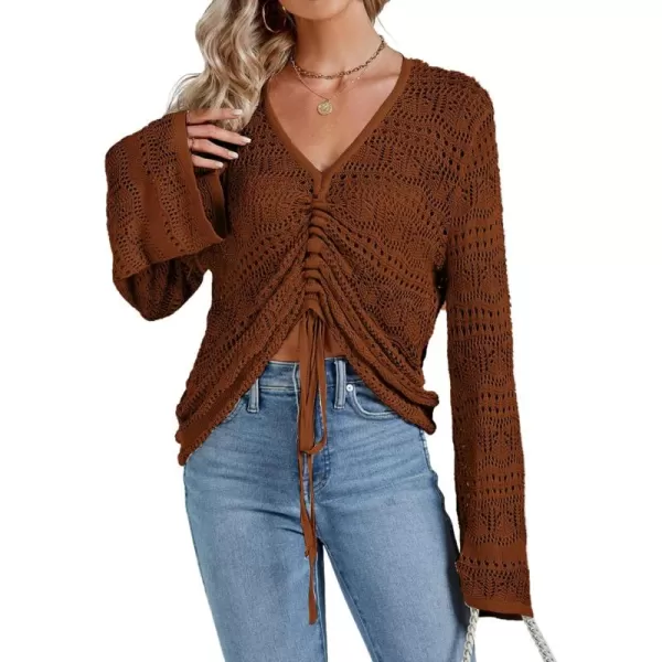 LYANER Women's Drawstring Long Bell Sleeve Sexy Crochet Knit Beach Hollow Out Crop Shirt Blouse Top