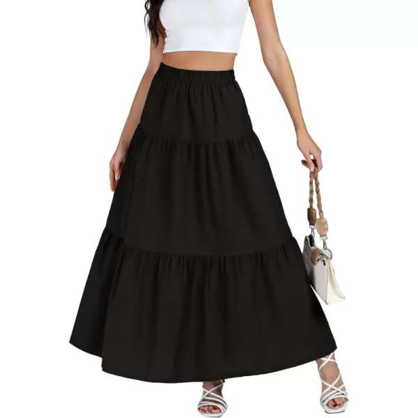 LYANER Women's Elastic Waist Pleated Layer Ruffle Hem Flowy A Line Loose Maxi Long Skirt