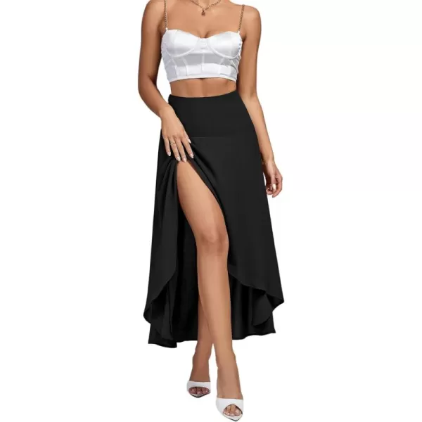 LYANER Women's Elastic Waist Split Slit Wrap Draped Ruffle Asymmetrical Hem Flare Maxi Skirt