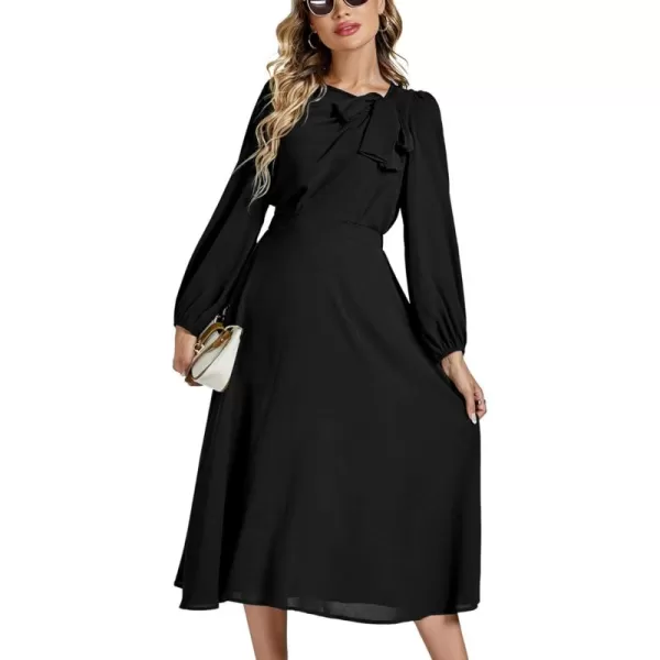 LYANER Women's Elegant Bow Tie Crew Neck Puff Long Sleeve A-Line Swing Midi Dress