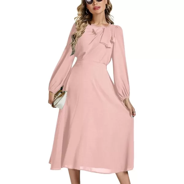 LYANER Women's Elegant Bow Tie Crew Neck Puff Long Sleeve A-Line Swing Midi Dress