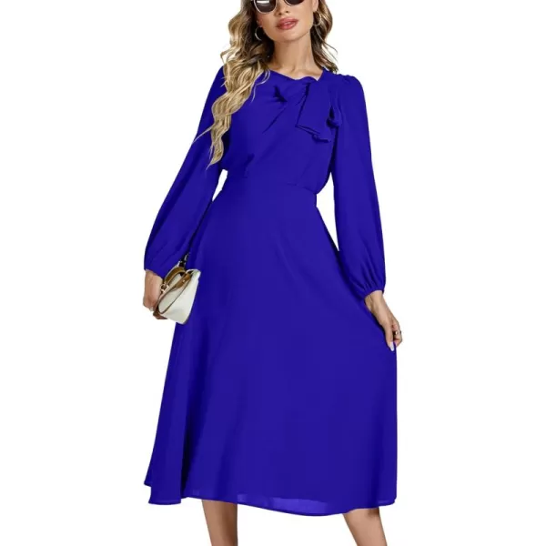 LYANER Women's Elegant Bow Tie Crew Neck Puff Long Sleeve A-Line Swing Midi Dress