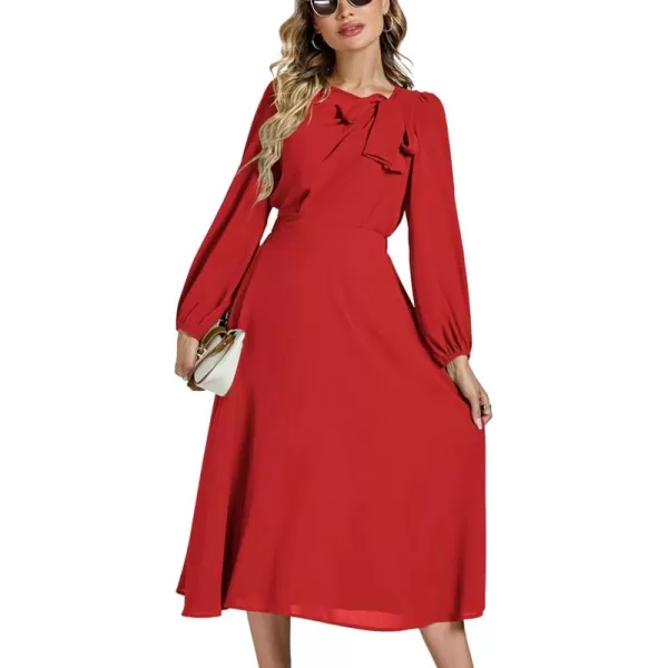 LYANER Women's Elegant Bow Tie Crew Neck Puff Long Sleeve A-Line Swing Midi Dress