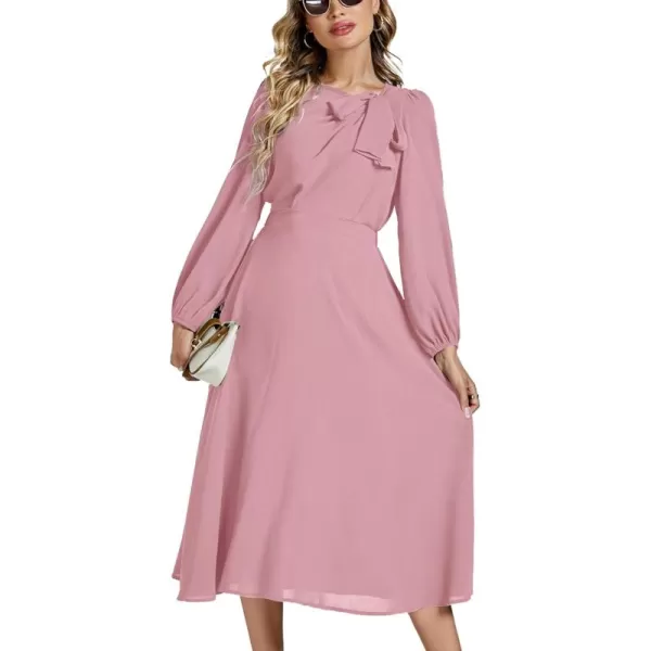 LYANER Women's Elegant Bow Tie Crew Neck Puff Long Sleeve A-Line Swing Midi Dress
