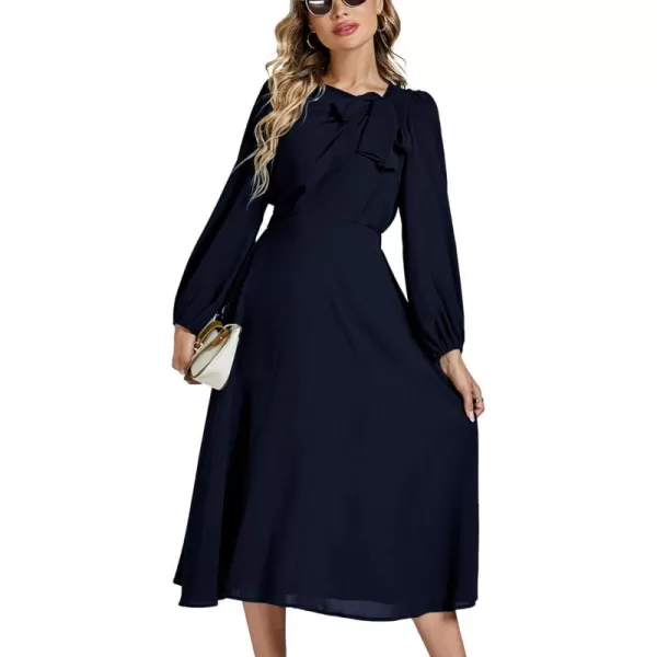 LYANER Women's Elegant Bow Tie Crew Neck Puff Long Sleeve A-Line Swing Midi Dress