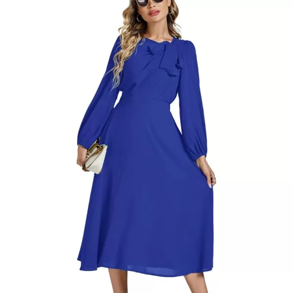 LYANER Women's Elegant Bow Tie Crew Neck Puff Long Sleeve A-Line Swing Midi Dress