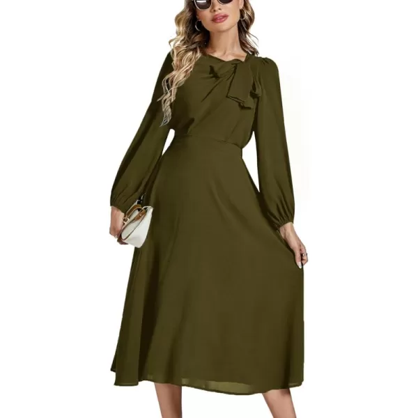 LYANER Women's Elegant Bow Tie Crew Neck Puff Long Sleeve A-Line Swing Midi Dress