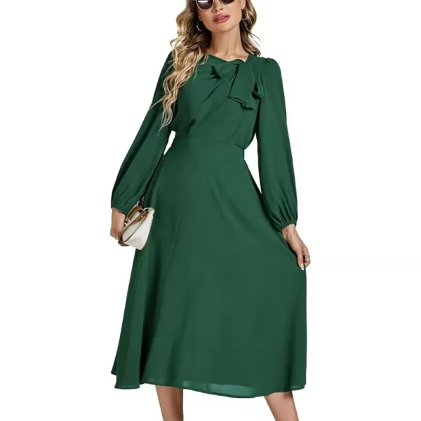 LYANER Women's Elegant Bow Tie Crew Neck Puff Long Sleeve A-Line Swing Midi Dress