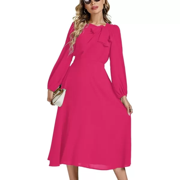 LYANER Women's Elegant Bow Tie Crew Neck Puff Long Sleeve A-Line Swing Midi Dress