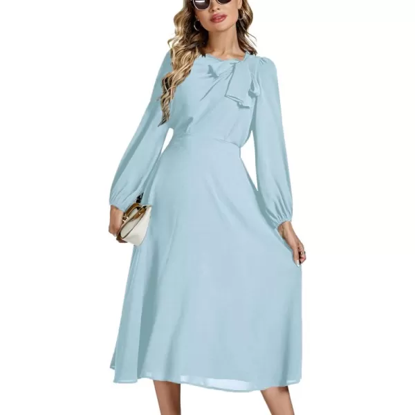 LYANER Women's Elegant Bow Tie Crew Neck Puff Long Sleeve A-Line Swing Midi Dress