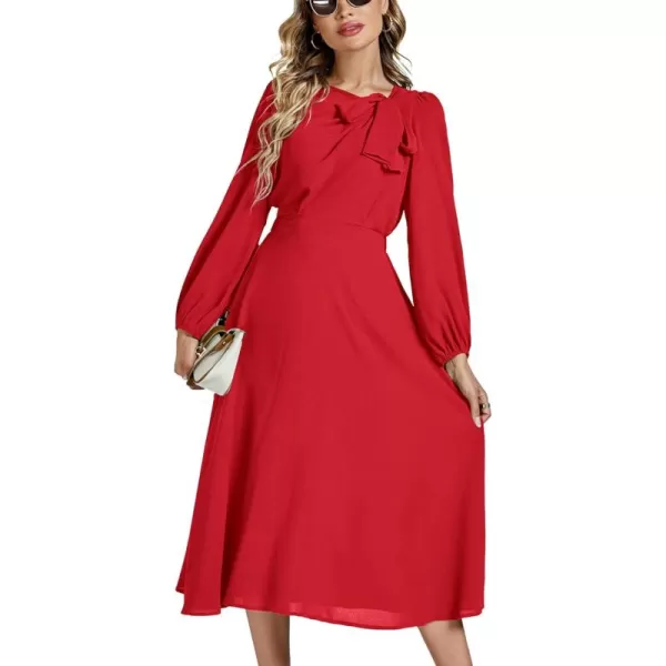 LYANER Women's Elegant Bow Tie Crew Neck Puff Long Sleeve A-Line Swing Midi Dress