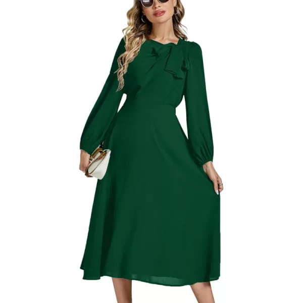 LYANER Women's Elegant Bow Tie Crew Neck Puff Long Sleeve A-Line Swing Midi Dress