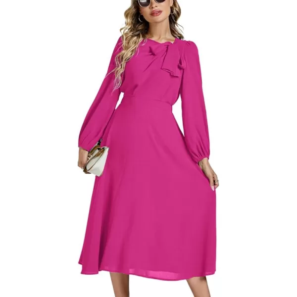LYANER Women's Elegant Bow Tie Crew Neck Puff Long Sleeve A-Line Swing Midi Dress