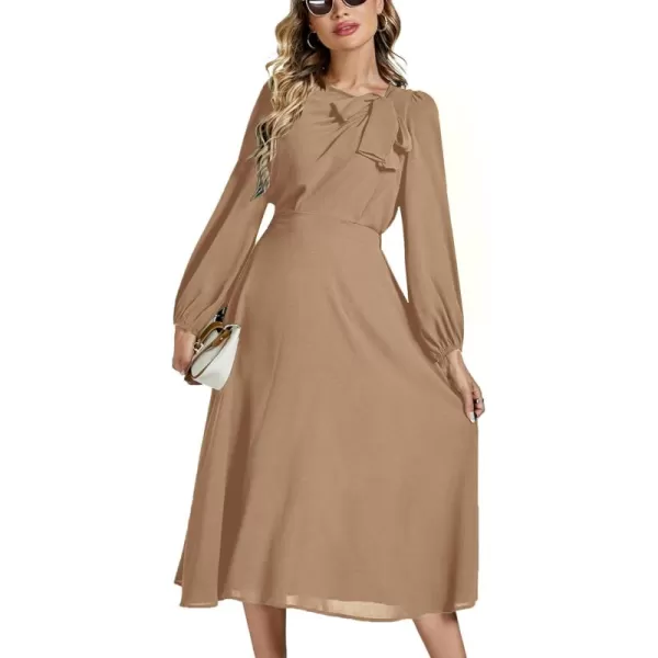 LYANER Women's Elegant Bow Tie Crew Neck Puff Long Sleeve A-Line Swing Midi Dress