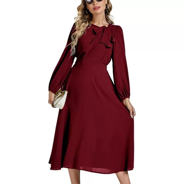 LYANER Women's Elegant Bow Tie Crew Neck Puff Long Sleeve A-Line Swing Midi Dress