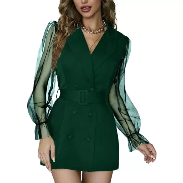 LYANER Women's Elegant Collar V Neck Lace Long Sleeve Blazer Mini Dress with Belt