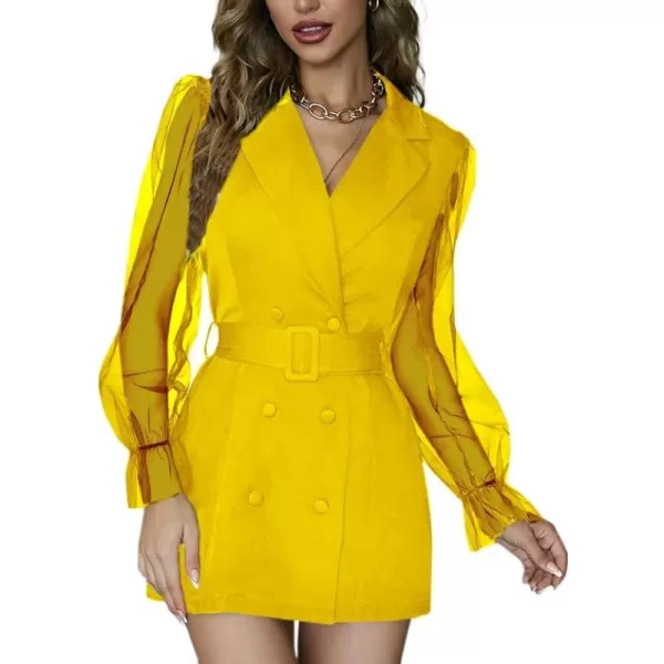 LYANER Women's Elegant Collar V Neck Lace Long Sleeve Blazer Mini Dress with Belt